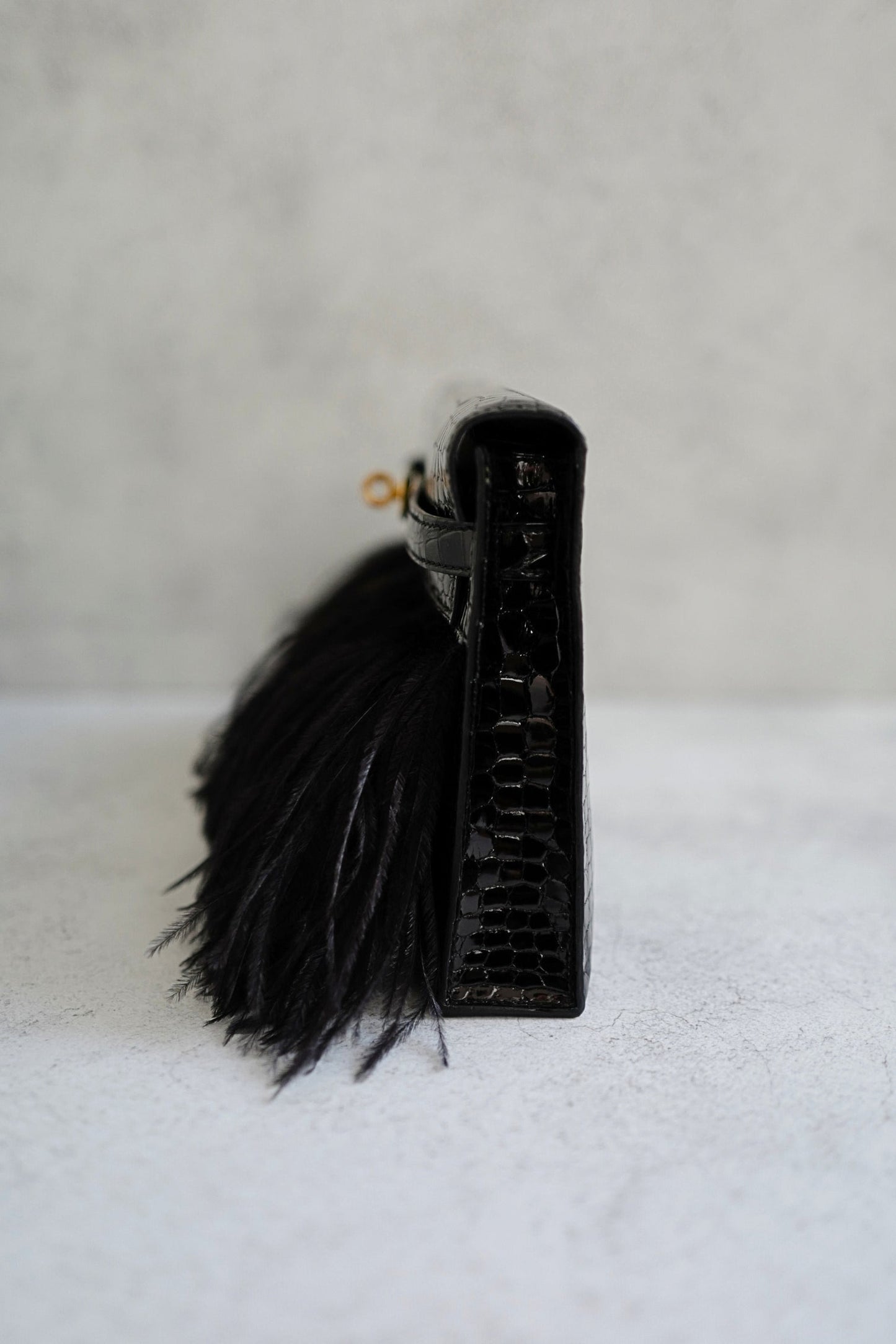 Hermès Kelly Elan Folie Clutch Black Porosus Crocodile & Feather Noir with Gold Hardware