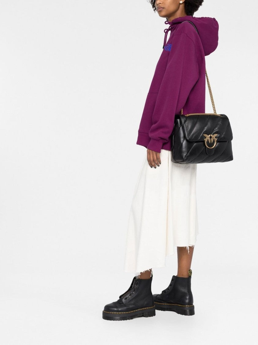 Pinko Quilted Black Calf Leather Shoulder Bag With Signature Love Birds Buckle