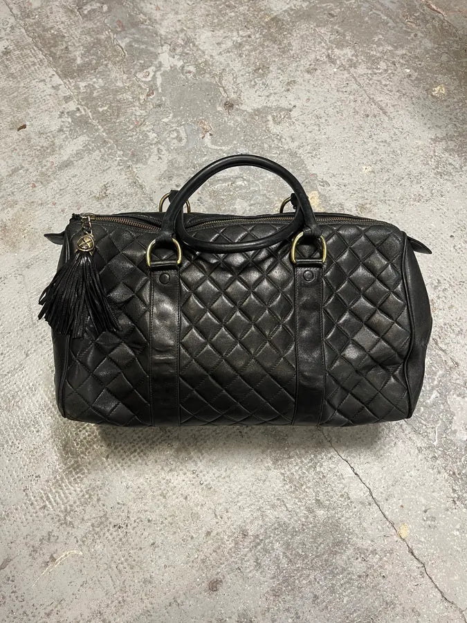 1990s Chanel Black Leather Bowling Quilted Handle Bag