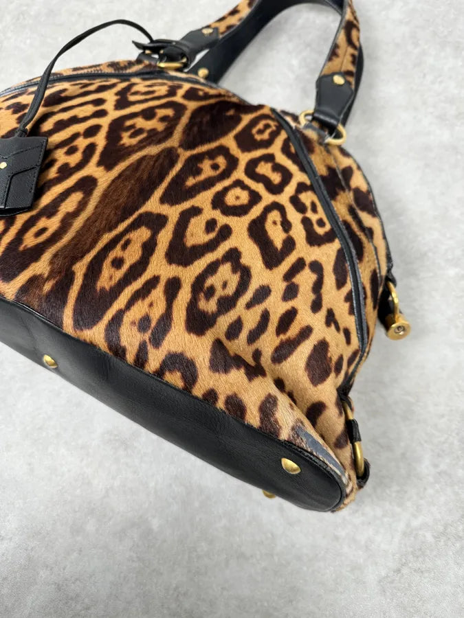 1990s Yves Saint Laurent Leopard Print Pony Hair Leather Handle Bag