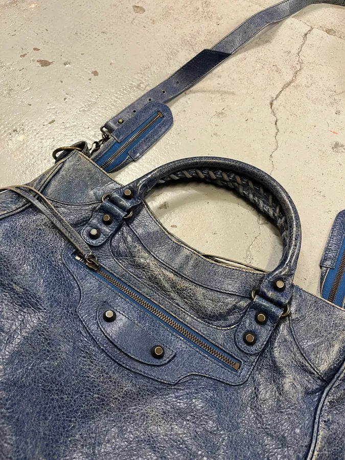 2000s Balenciaga Studded Blue Eroded Leather City Bag