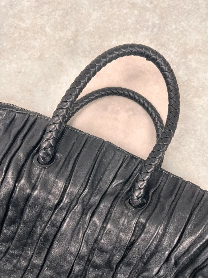 2000s Emporio Armani Pleats Black Leather Handle Bag