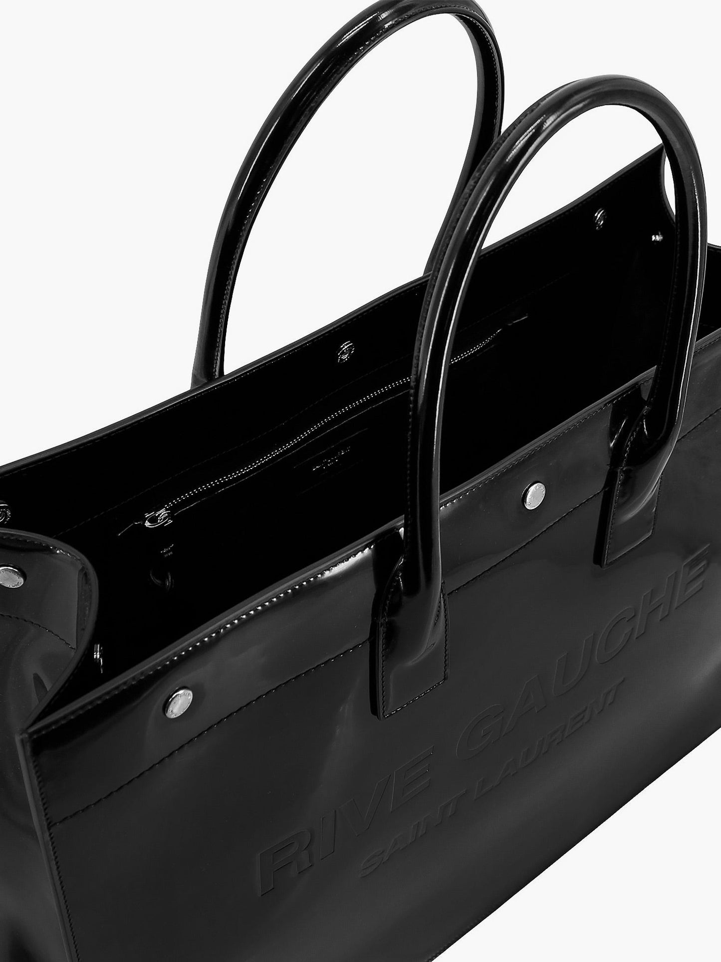 Patent leather handbag with embossed logo