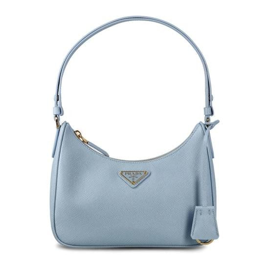 Prada Structured Blue Cowhide Shoulder Bag With Signature Plaque