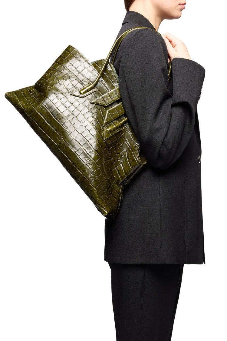The Attico Deep Olive Green Crocodile-Embossed Tote Bag
