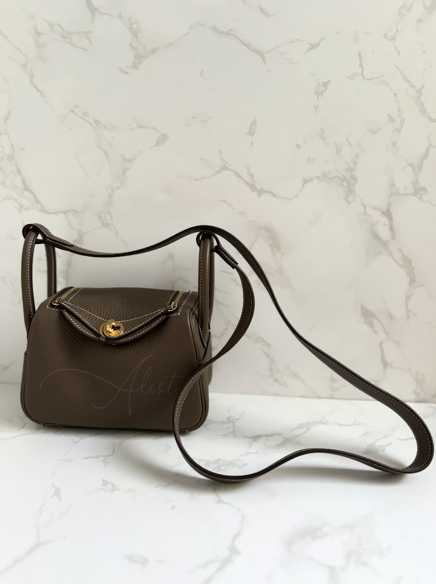BNIB Hermes Mini Lindy Etoupe Clemence With Gold Hardware B Stamp