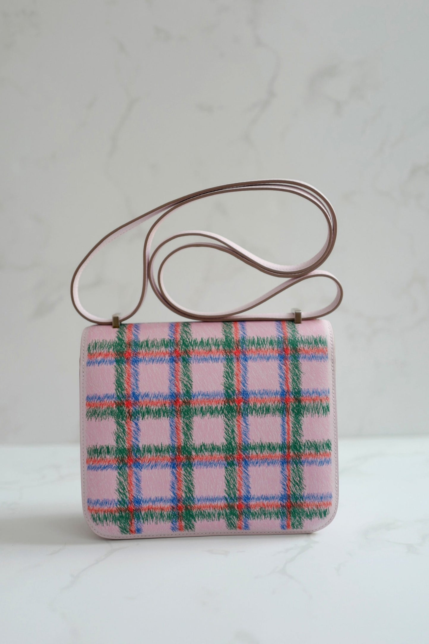 BNIB Hermès Constance 18 Mirror Tartan Pink Leather Shoulder Bag Palladium Hardware