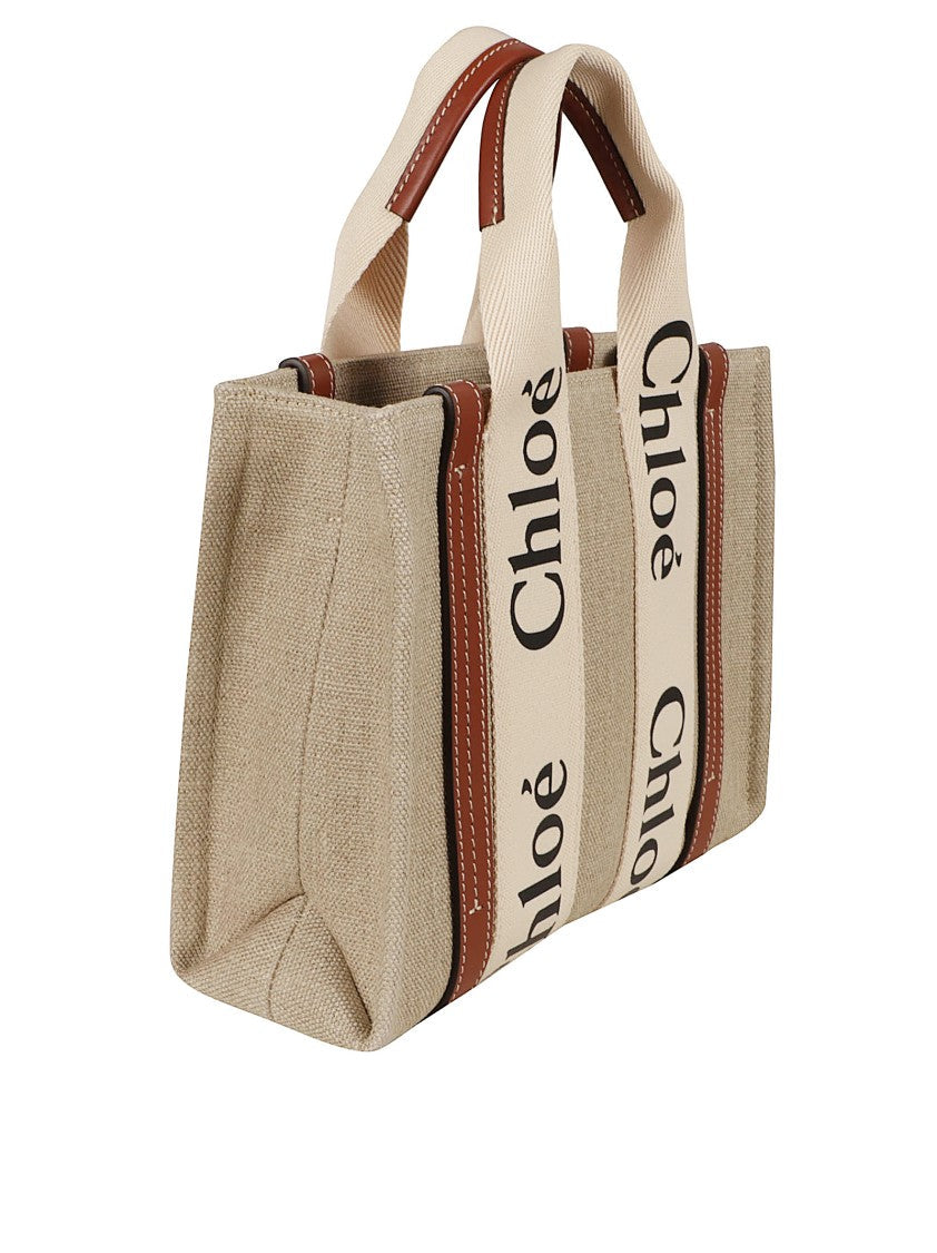 Chloé Textured Linen Canvas Tote With Calfskin Trim
