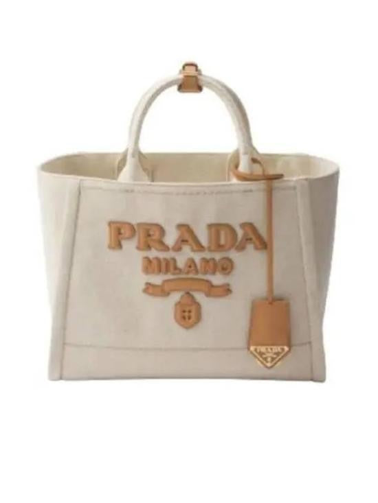 Prada Structured Linen Tote Bag With Leather Accents