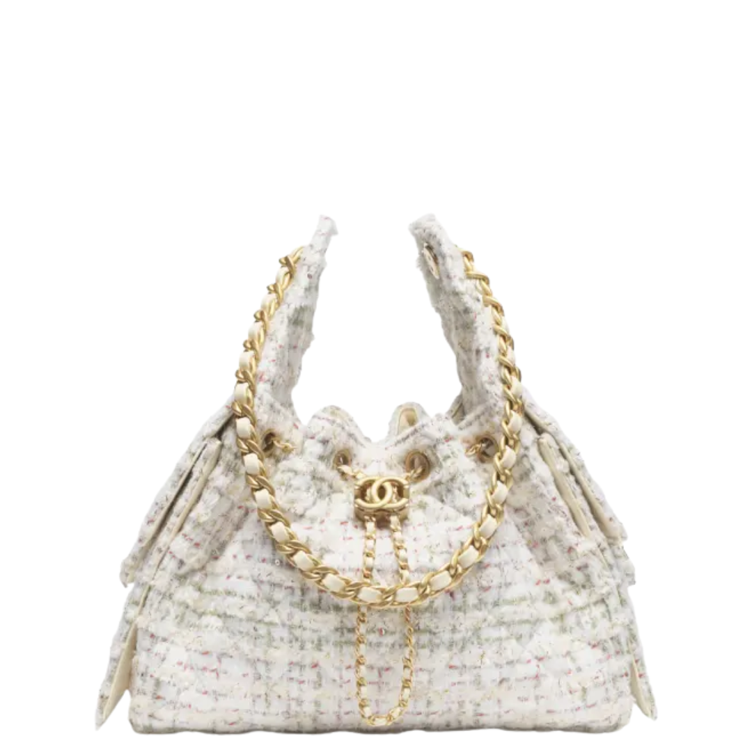 Chanel 25 Small Handbag Hobo Wool Tweed & Gold-Tone Metal Ecru, Khaki, Gold & Red