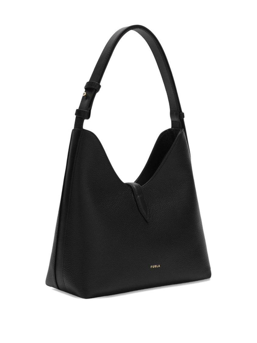Furla Structured Black Leather Handbag With Gold-Tone Clasp