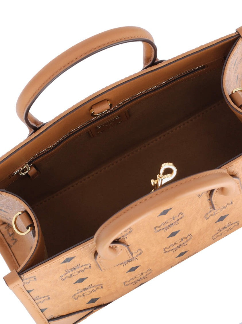 Mcm "München" Small Tote Bag, In Brown Visetos Eco-Leather