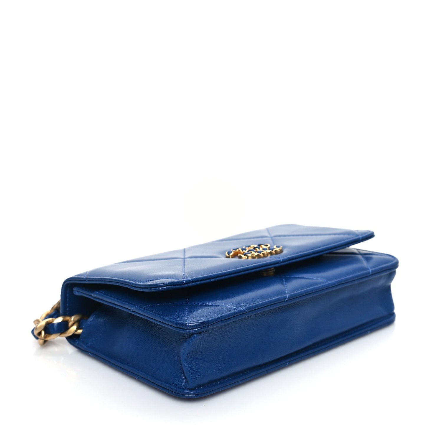 Shiny Goatskin Quilted Chanel 19 Wallet On Chain WOC Blue