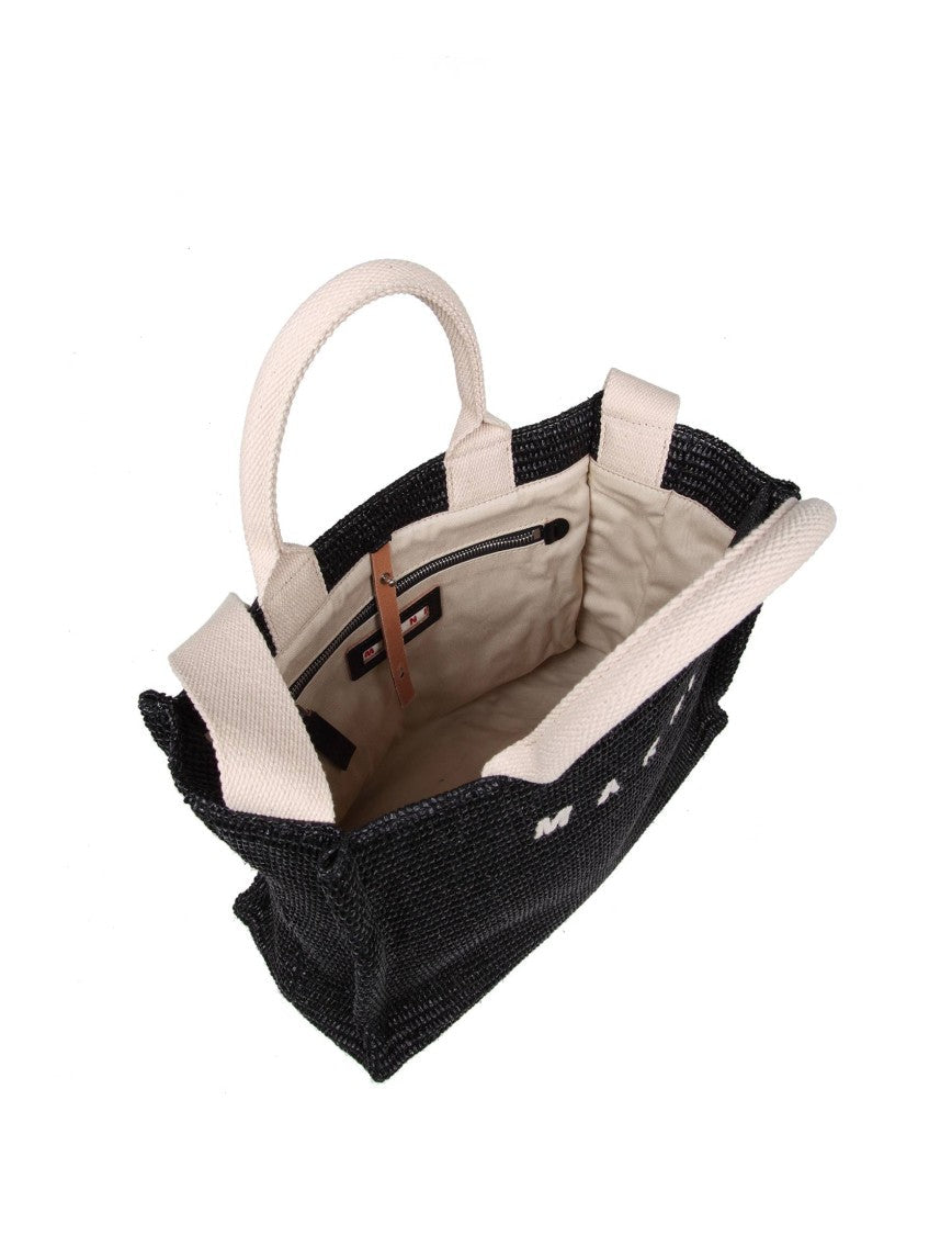 Marni Shopping Small In Black Raffia Effect Fabric