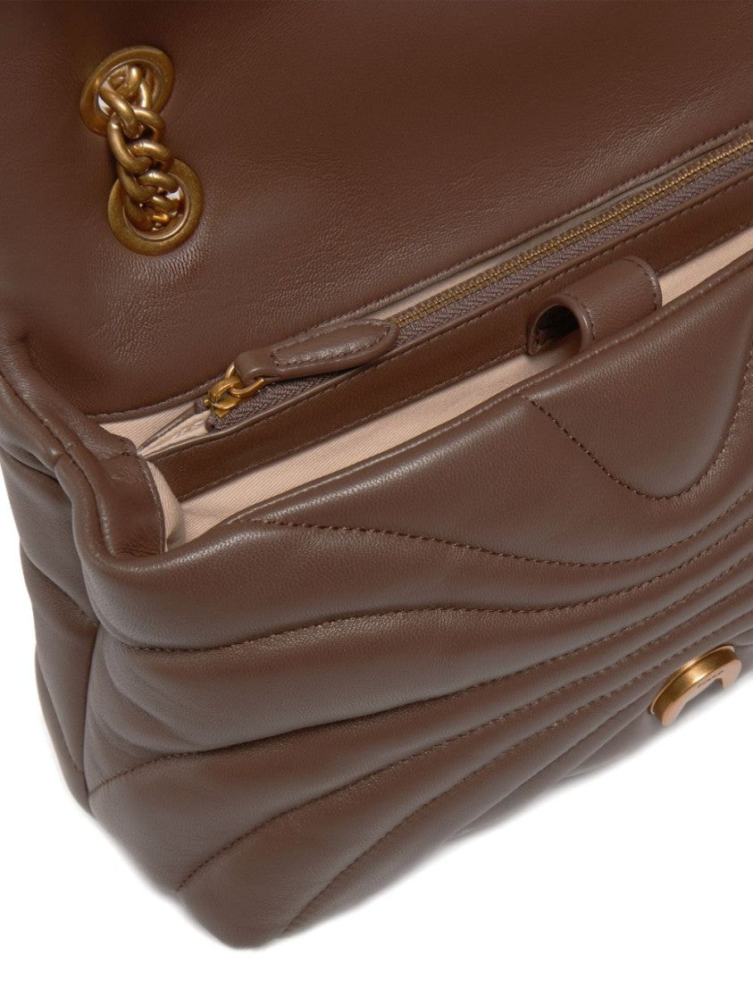Pinko Quilted Brown Bag With Love Birds Embellishment And Chain Strap