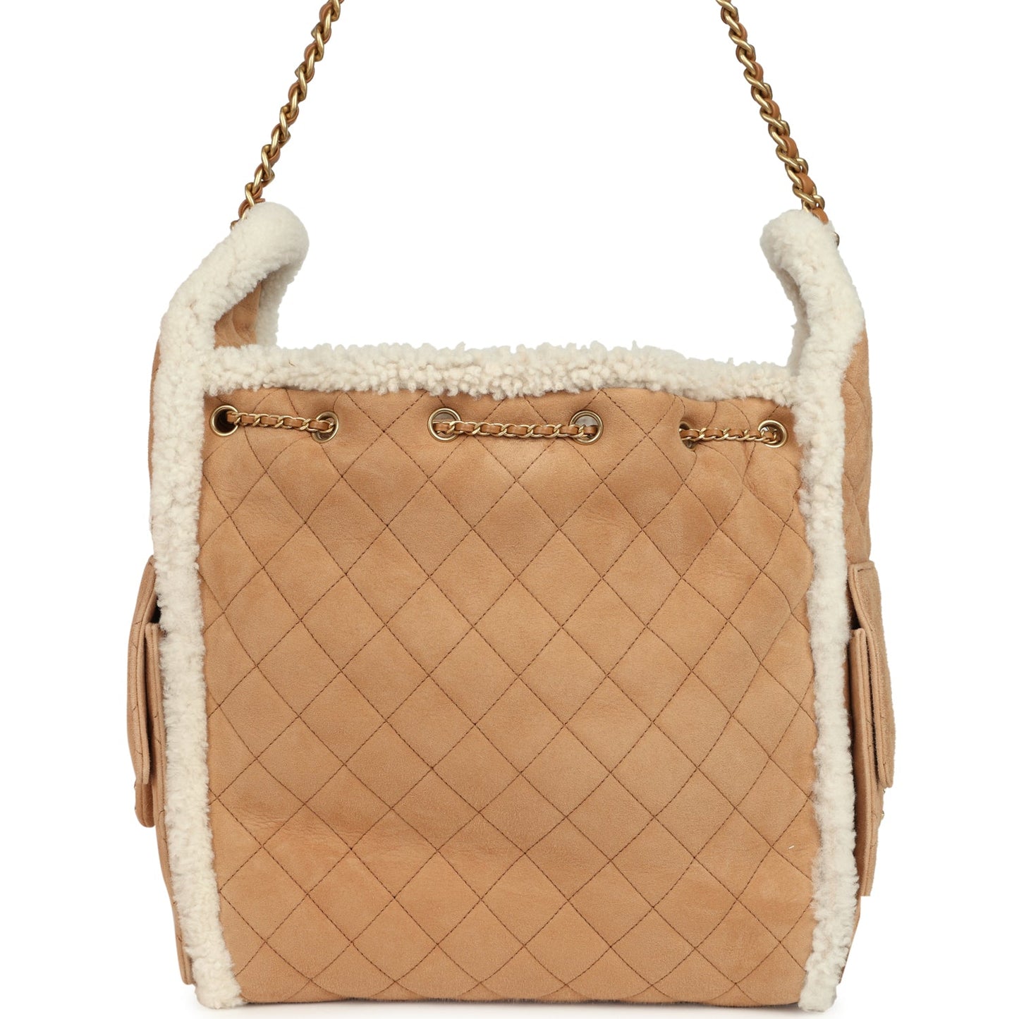 Chanel Medium 25 Hobo Bag Beige Suede and White Shearling Antique Gold Hardware