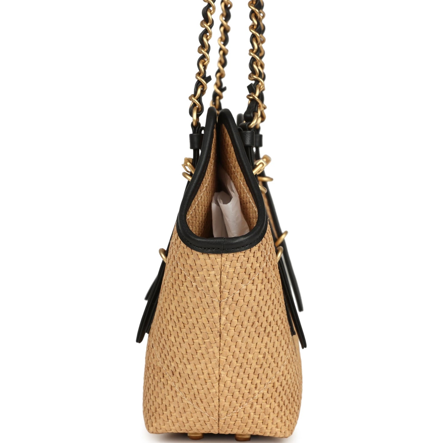 Chanel Small Coco Shopping Bag Raffia and Black Calfskin Antique Gold Hardware