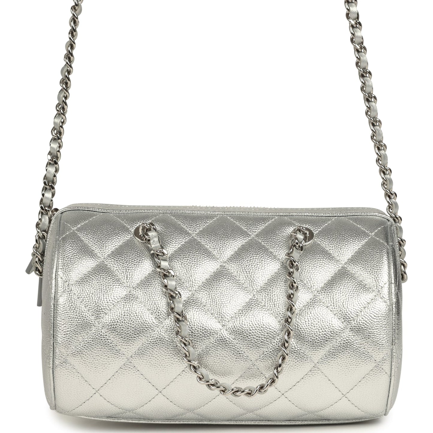 Chanel Mini Timeless Classic Barrel Bag with Chain Metallic Silver Shiny Caviar Silver Hardware