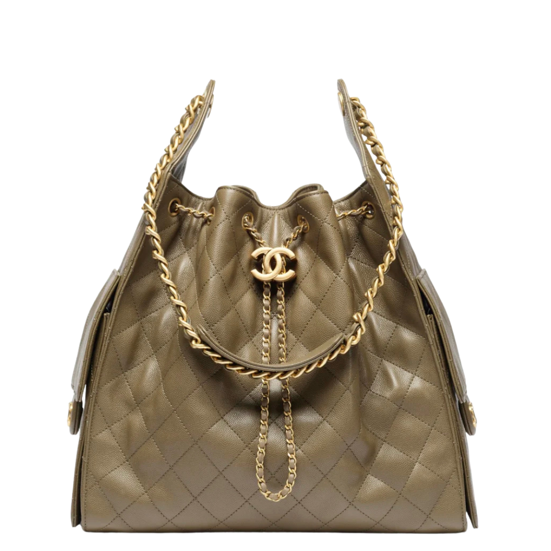 Chanel 25 Medium Handbag Grained Calfskin & Gold-Tone Metal Dark Khaki