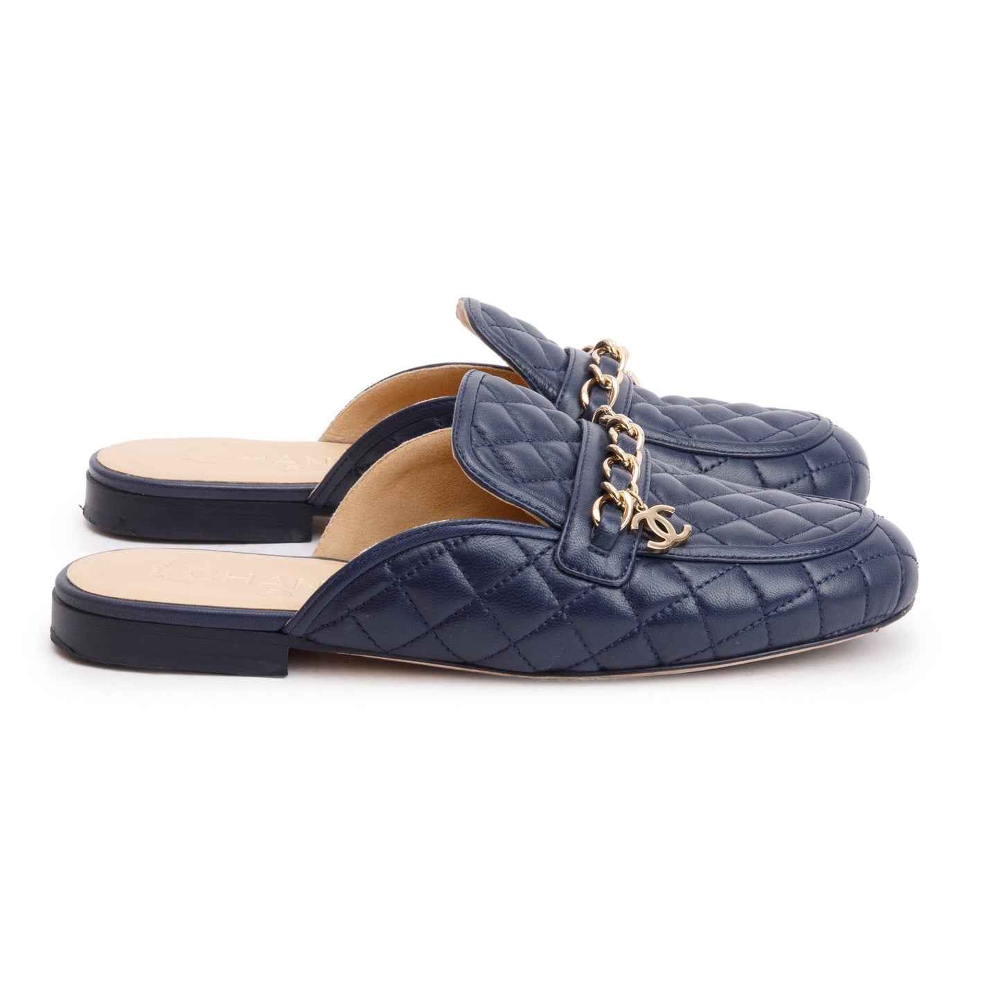 Chanel Navy Quilted Lambskin Leather Interlocking CC Logo Chain Accent Mules, Size 35.5