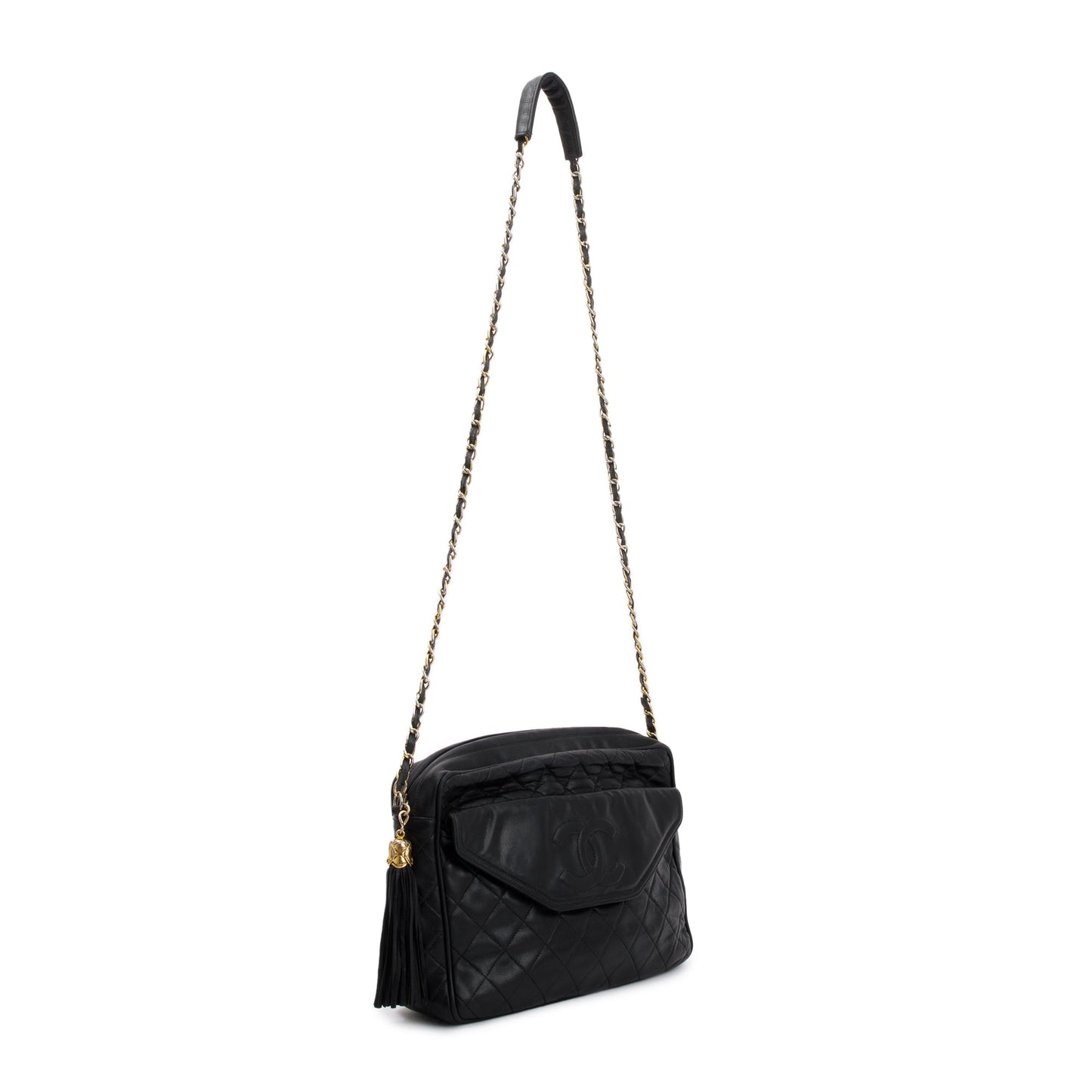 Chanel Vintage Black Quilted Lambskin Leather CC Tassel Camera Bag