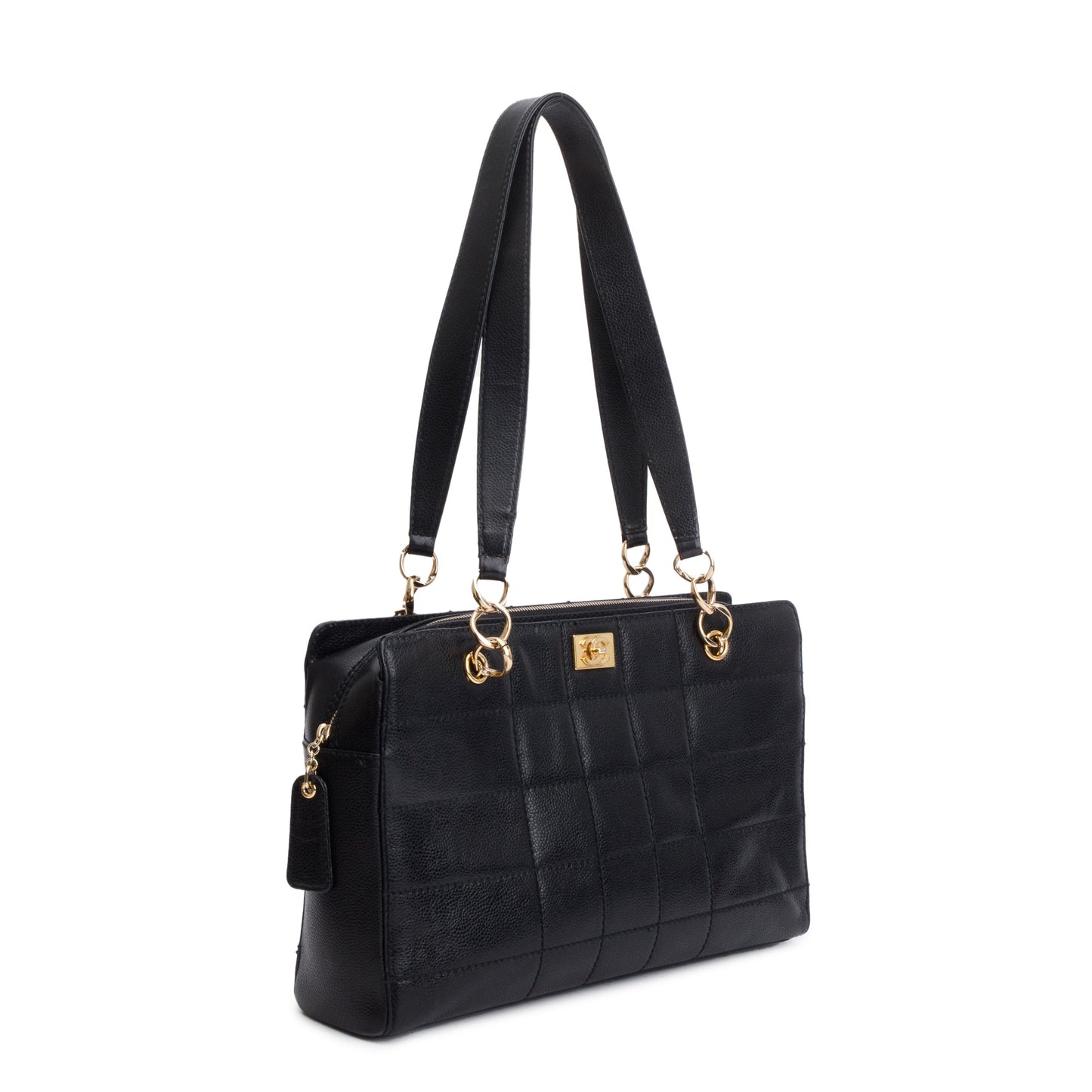 Chanel Vintage Black Stitched Chocolate Bar Quilted Caviar Leather Zip Tote