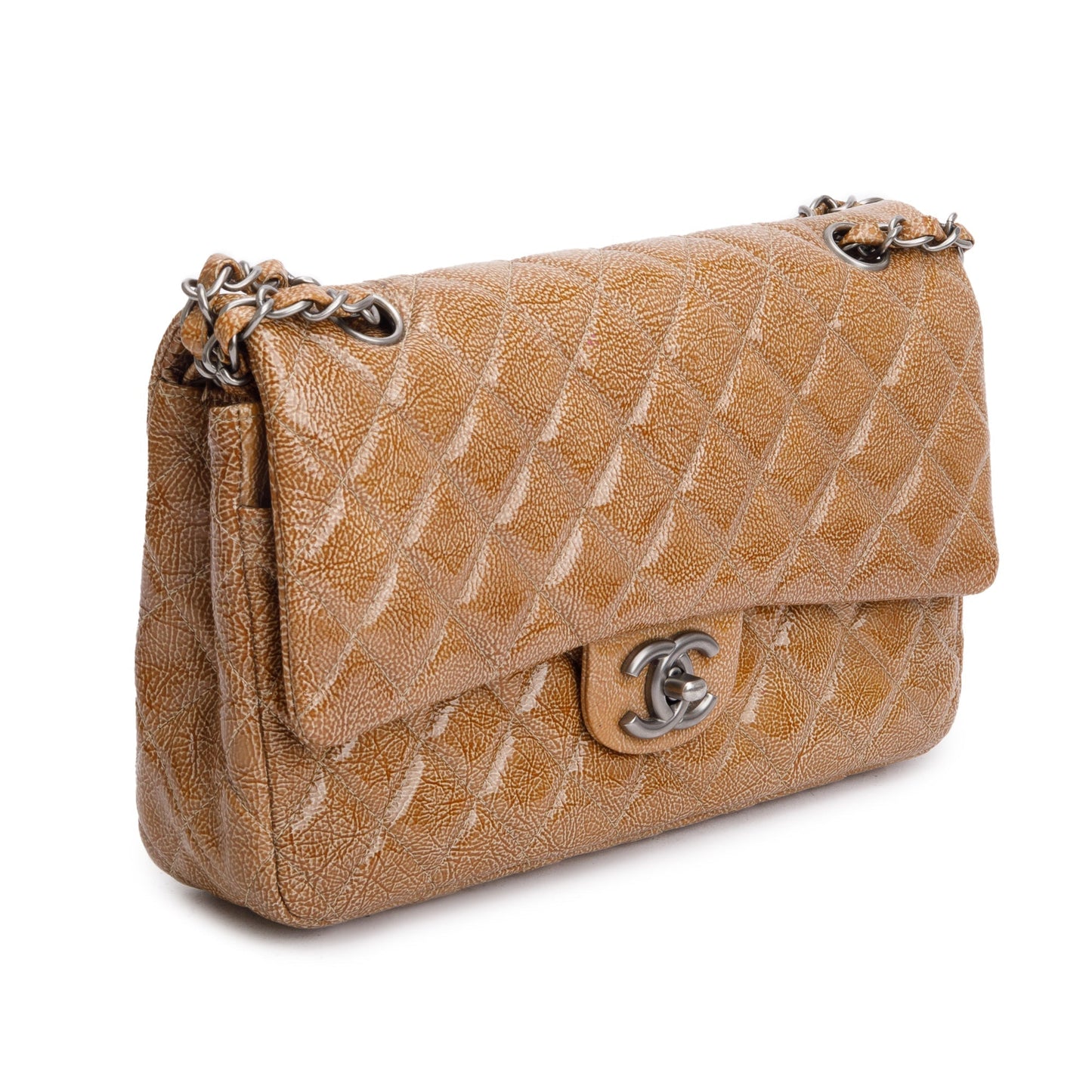 Chanel Vintage Brown Crinkled Patent Leather Classic Medium Double Flap Bag