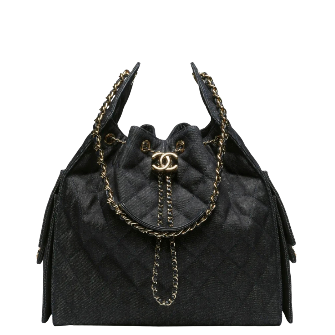 Chanel 25 Medium Handbag Denim & Gold Metal Dark Blue