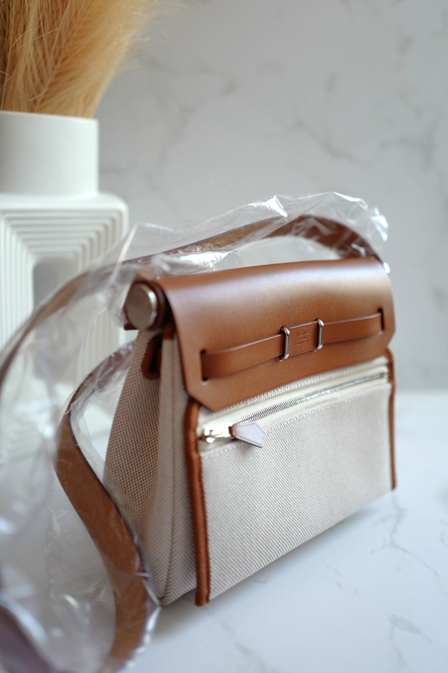 BNIB Hermes Mini Herbag Fauve/Ecru Beige with Palladium HW