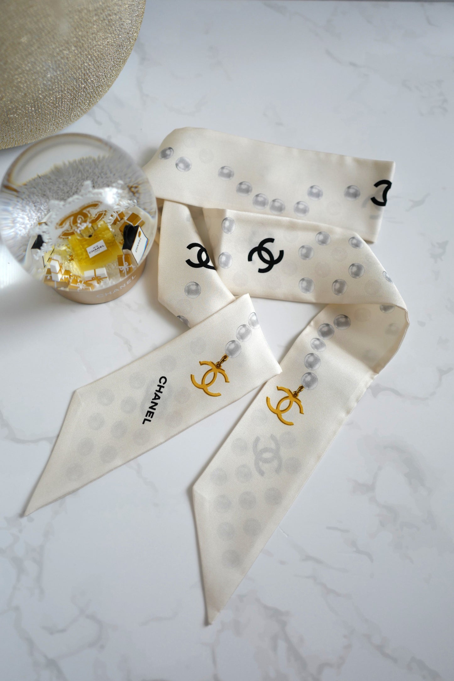 BNIB Chanel SS25 25P Silk Twill Scarf in White w/ Pearl Accents