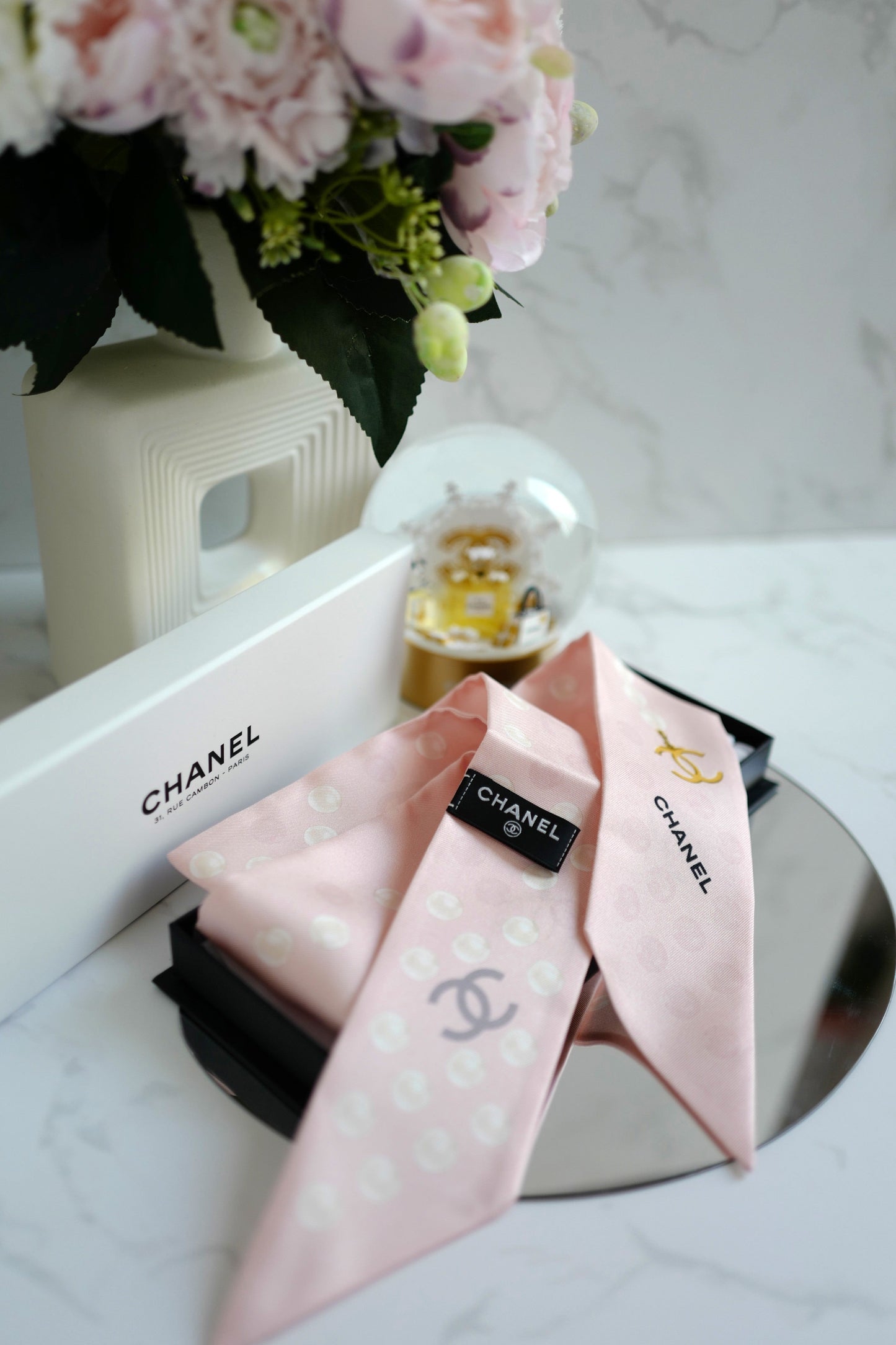 Chanel Spring-Summer 2025 Pre-collection 25P Silk Twill Scarf in Pink w/ Pearl Accents