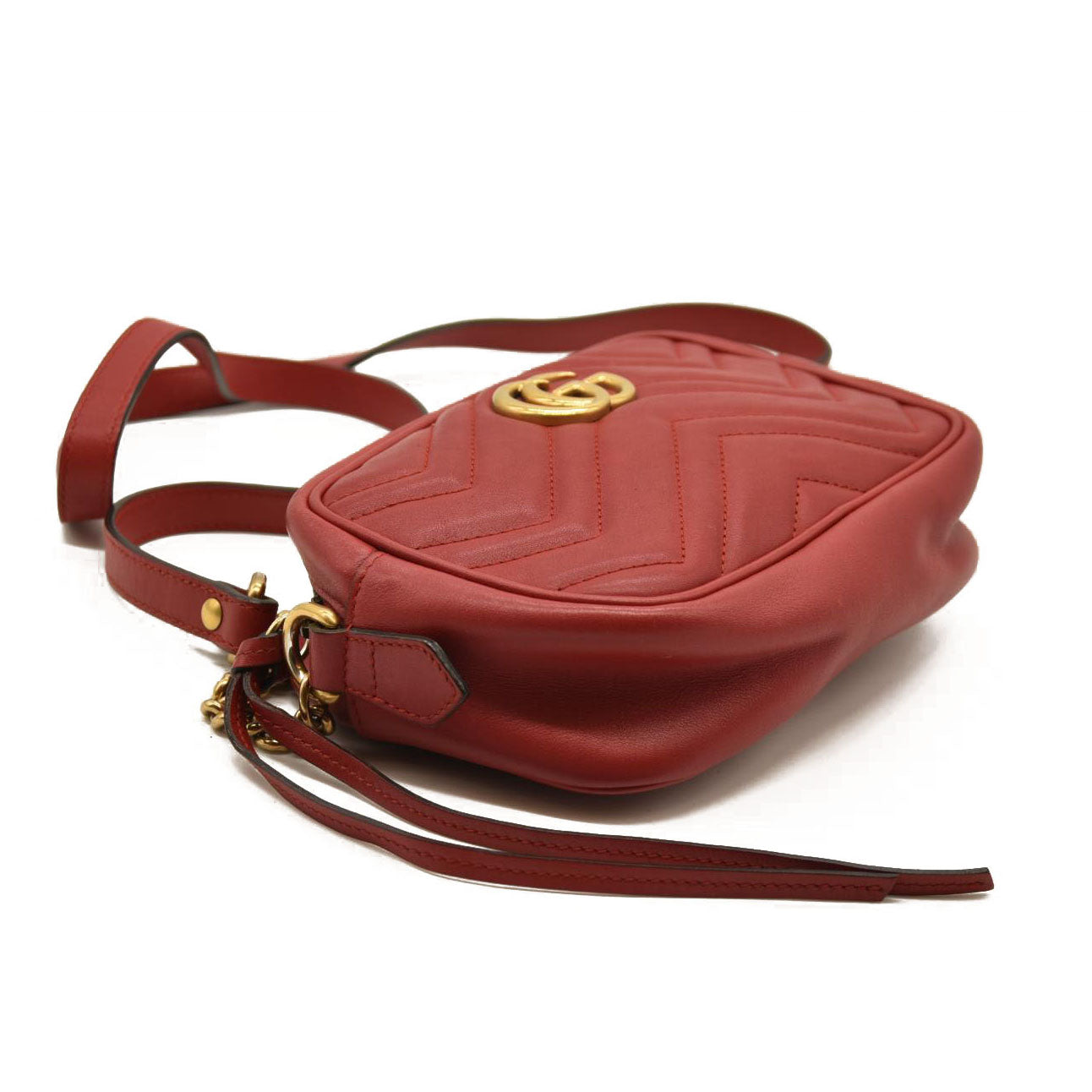 Gucci Calfskin Matelasse Small GG Marmont Chain Shoulder Bag Hibiscus Red
