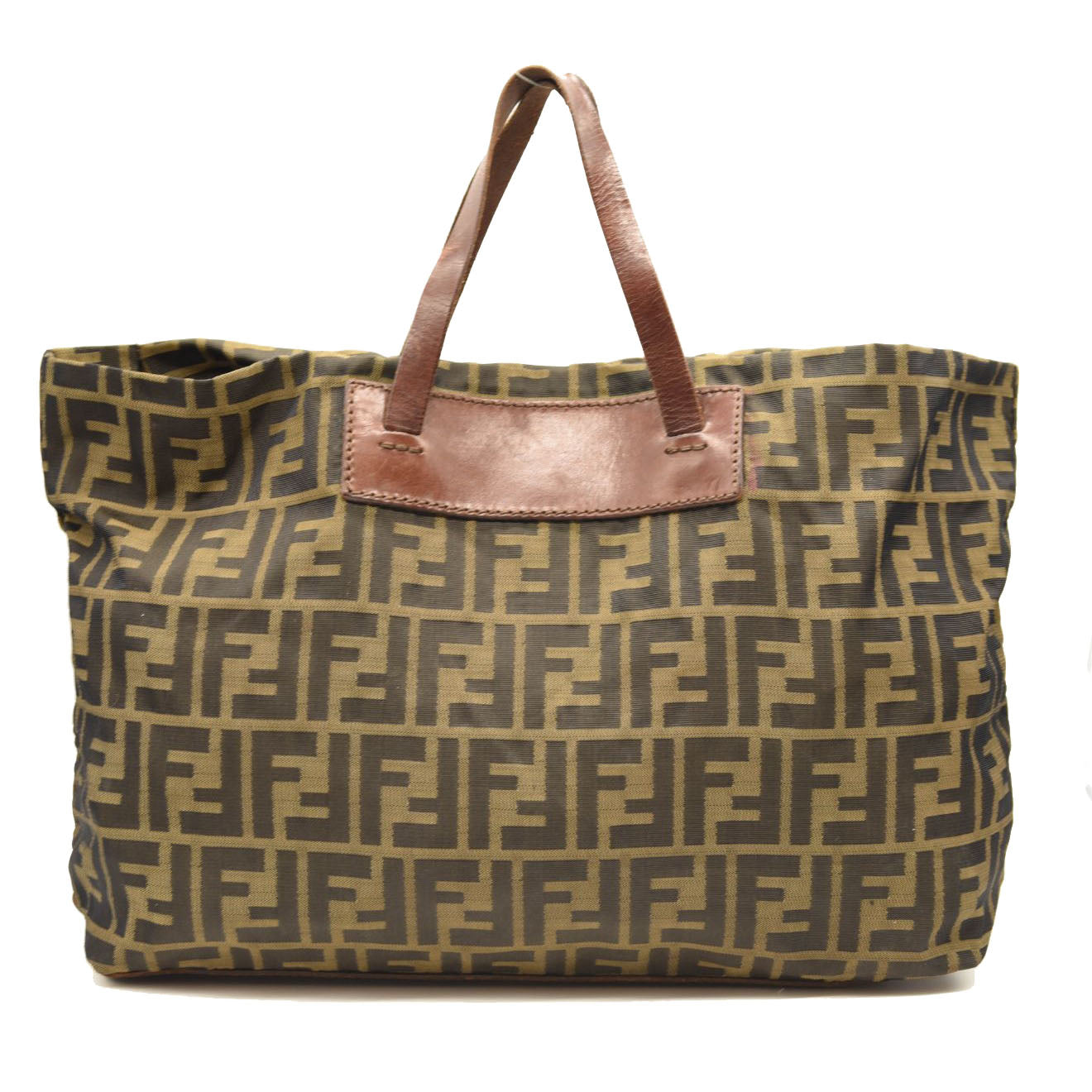 FENDI Vintage Zucca Folding Tote Hand Bag Nylon Leather Brown