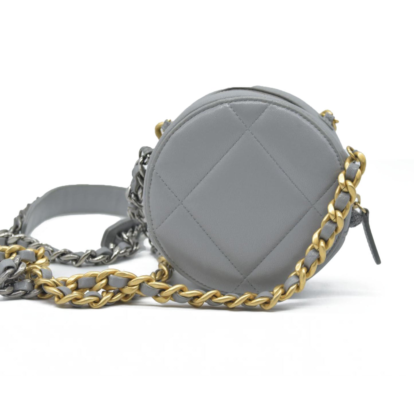 Chanel Lambskin Quilted Chanel 19 Round Clutch With Chain Grey