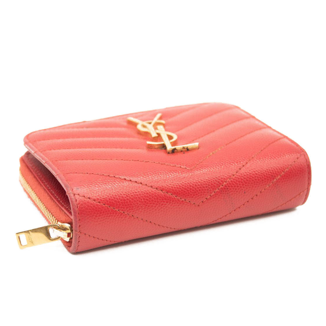 Saint Laurent Grain De Poudre Matelasse Chevron Monogram Compact Zip Around Wallet