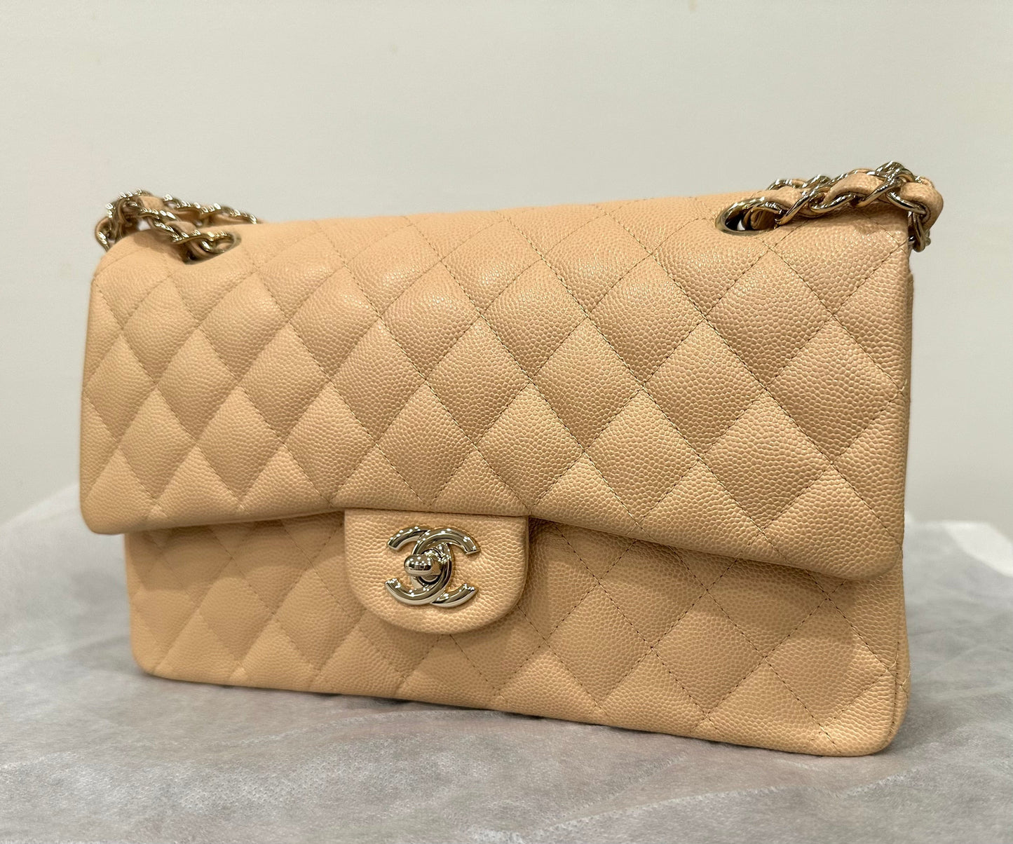 Chanel Medium Classic Handbag in Beige Caviar and Gold-Tone Metal