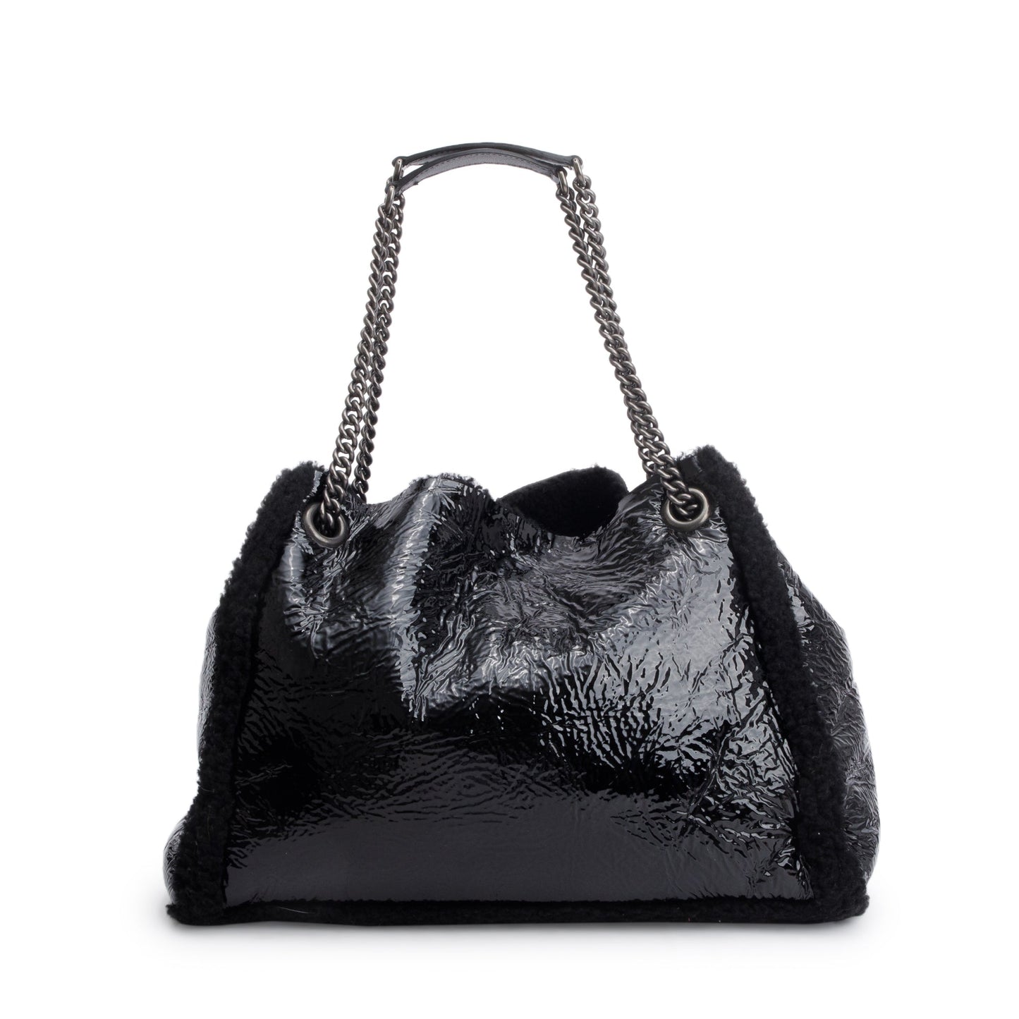 Gucci Black Crushed Patent Leather Shearling Trim Medium Soho Chain Tote