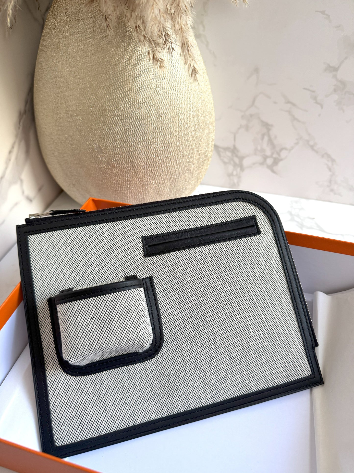 BNIB Hermès H Swift Canvas Cargo Travel Pouch in Ecru-Black with Palladium HW