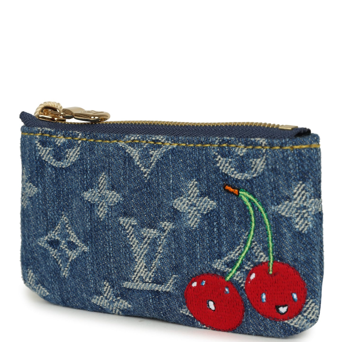 Louis Vuitton X Takashi Murakami Key Pouch Denim Monogram Cherry Gold Hardware