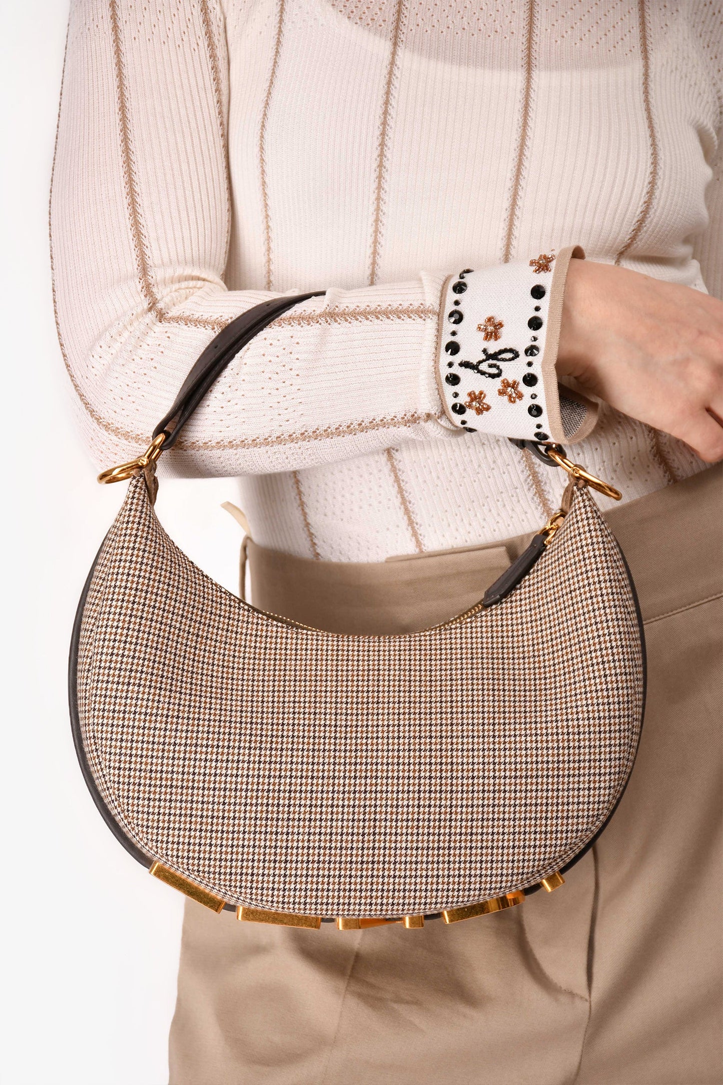 Fendi Brown Leather/Fabric Houndstooth Fendigraphy Small Shoulder Bag