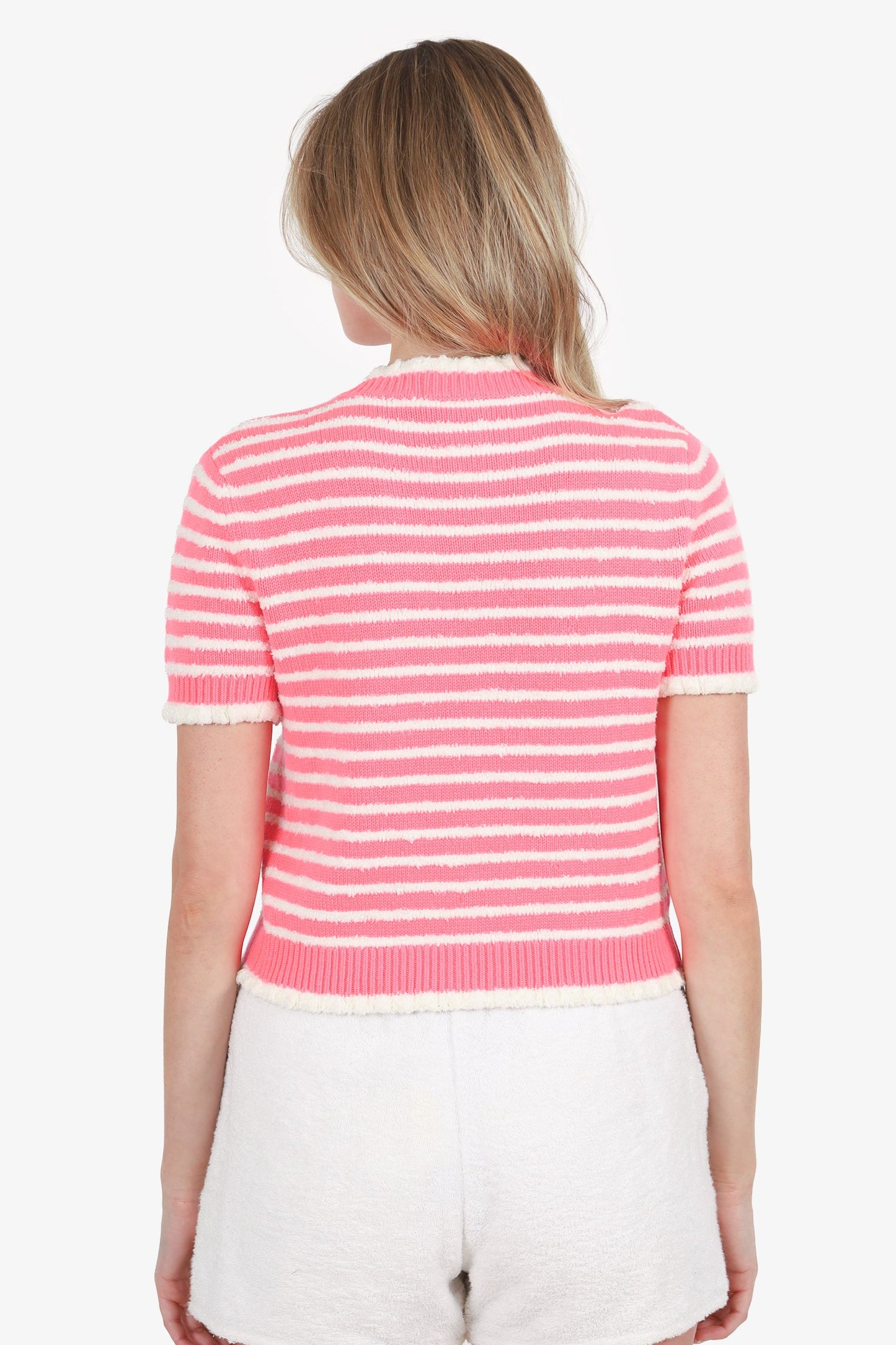 Pre-Loved Chanel™ Pink/White Striped Cotton Knit Short Sleeve CC Button Cardigan Size 36