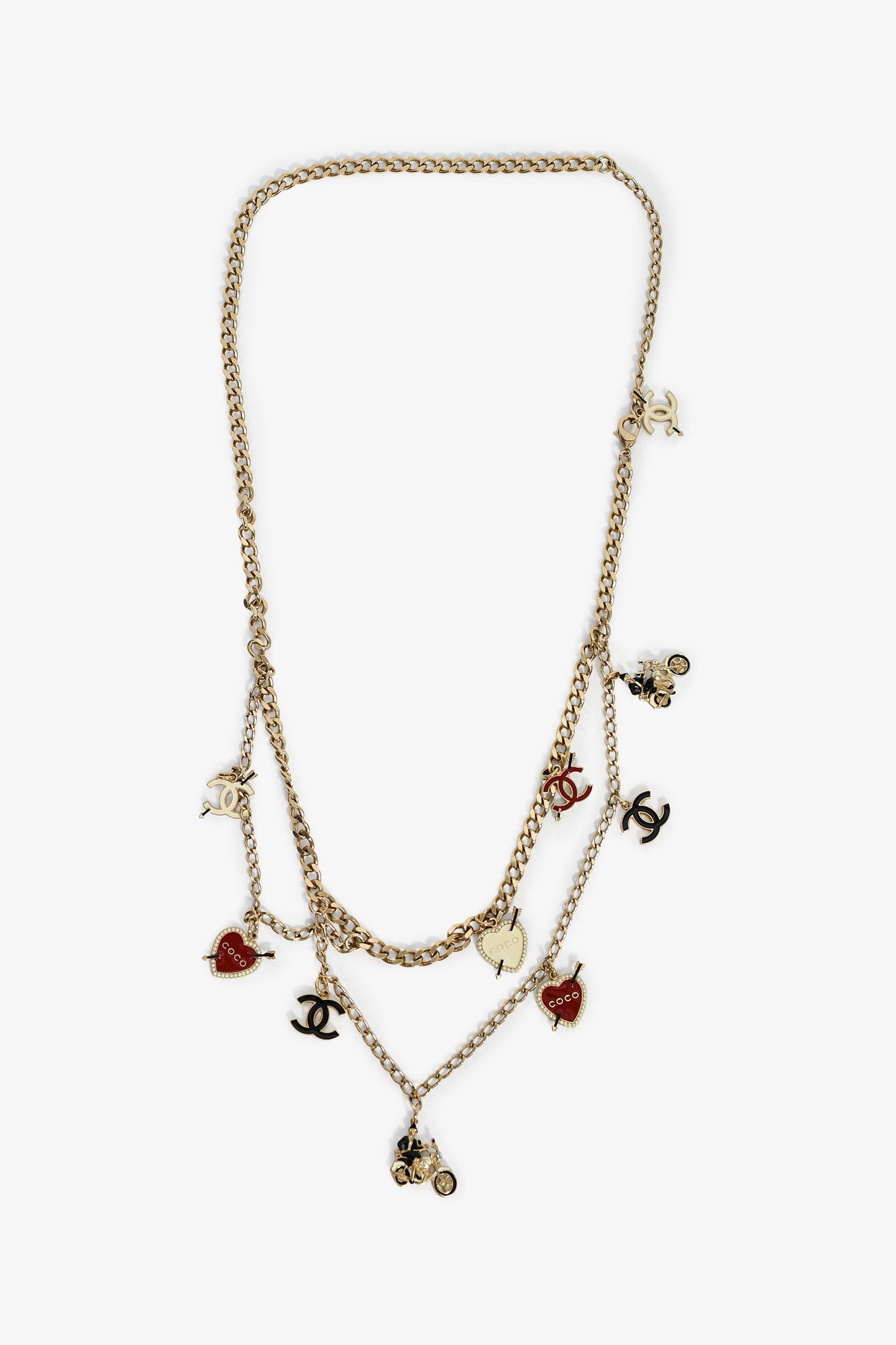 Pre-Loved Chanel™ 2010 Gold Toned Black/White/Red Enamel 'Coco Rider' Charm Chain Belt