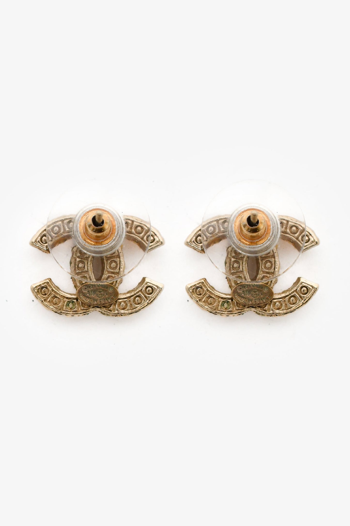 Pre-Loved Chanel™ 2016 Gold Tone CC Logo Pearl Stud Earrings