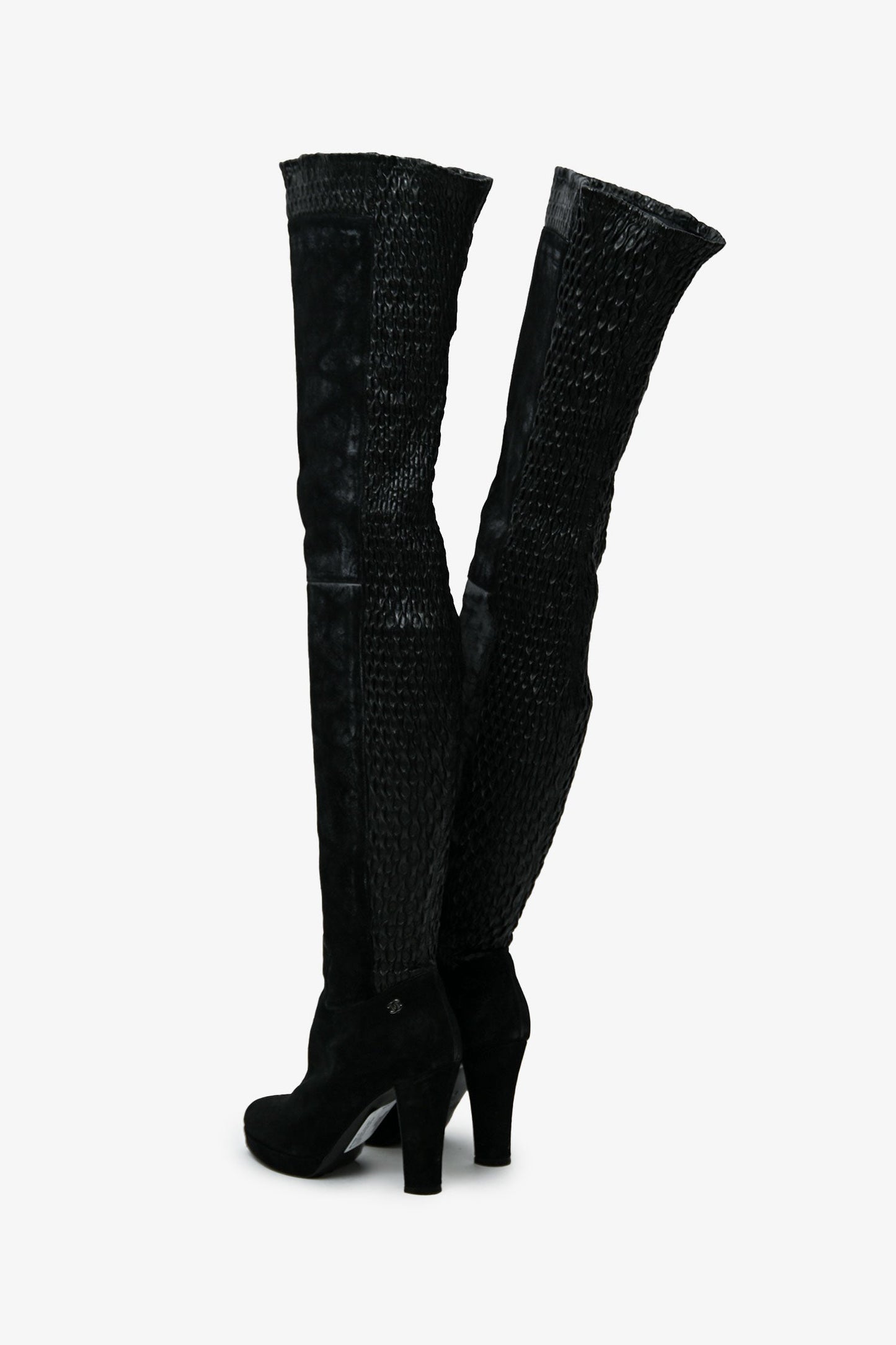 Pre-Loved Chanel™ Black Leather Distressed Textured Thigh High Boots Size 37