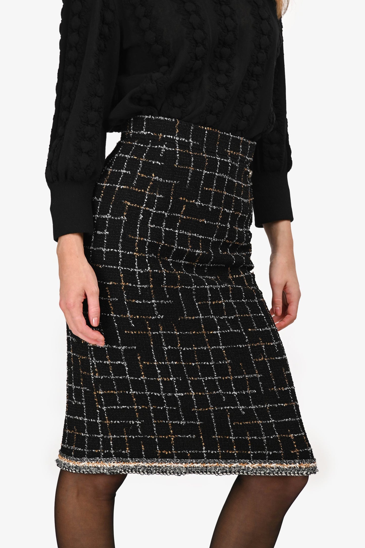 Pre-Loved Chanel™ Black/Grey Check Pattern Tweed Midi Skirt Size 34