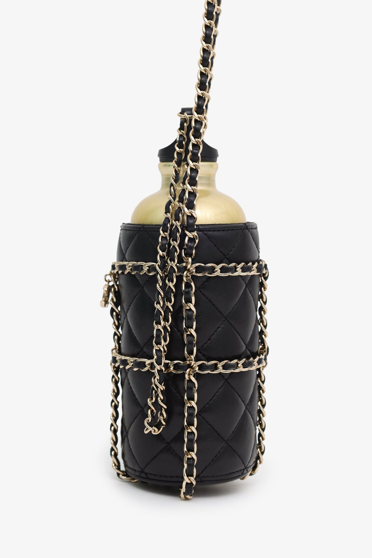 Pre-Loved Chanel™ 2019 Black/Gold Leather CC Water Bottle With Chain