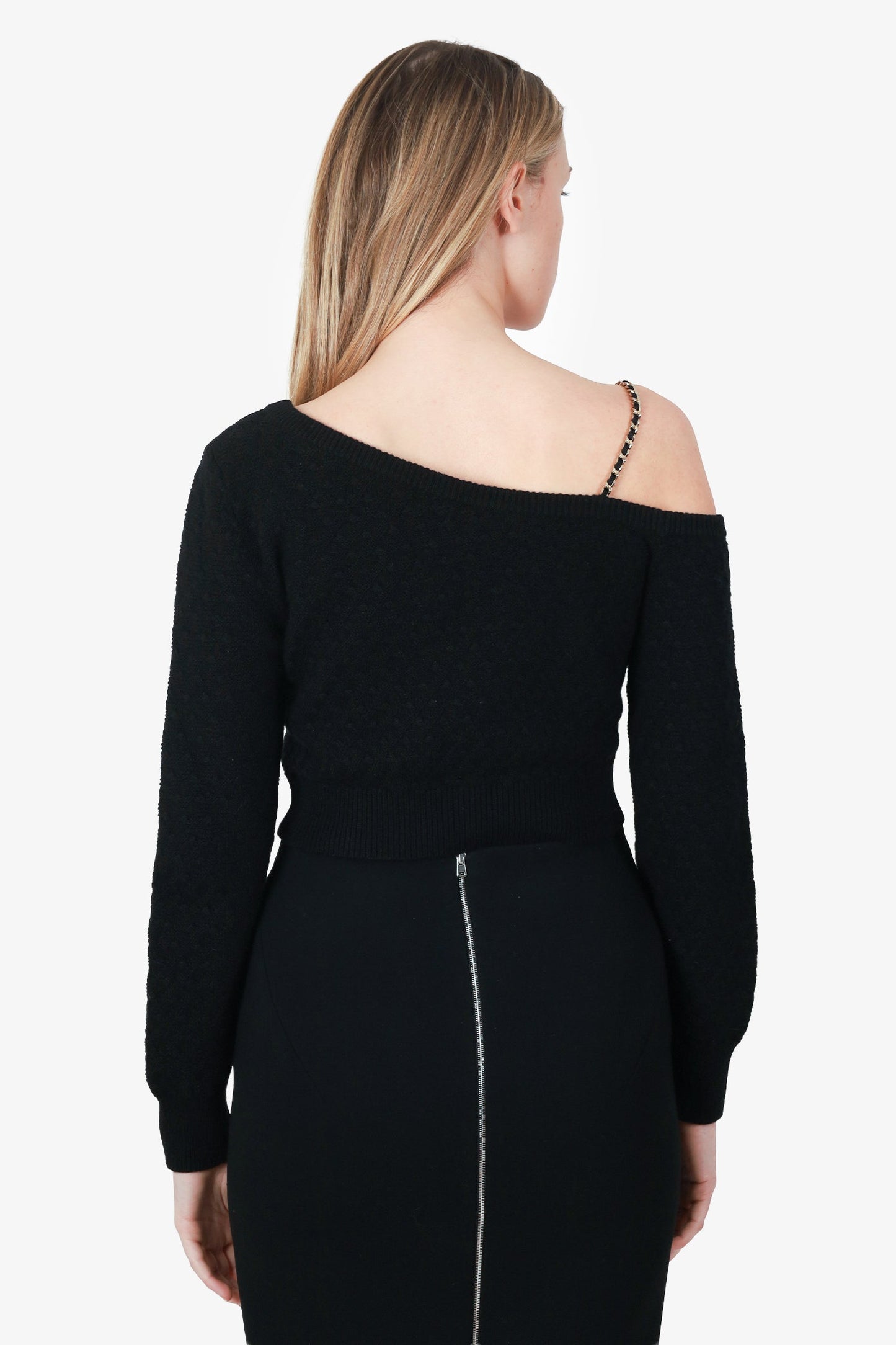 Pre-Loved Chanel™ 23B Black Cashmere Chain Cold-Shoulder Sweater Size 36