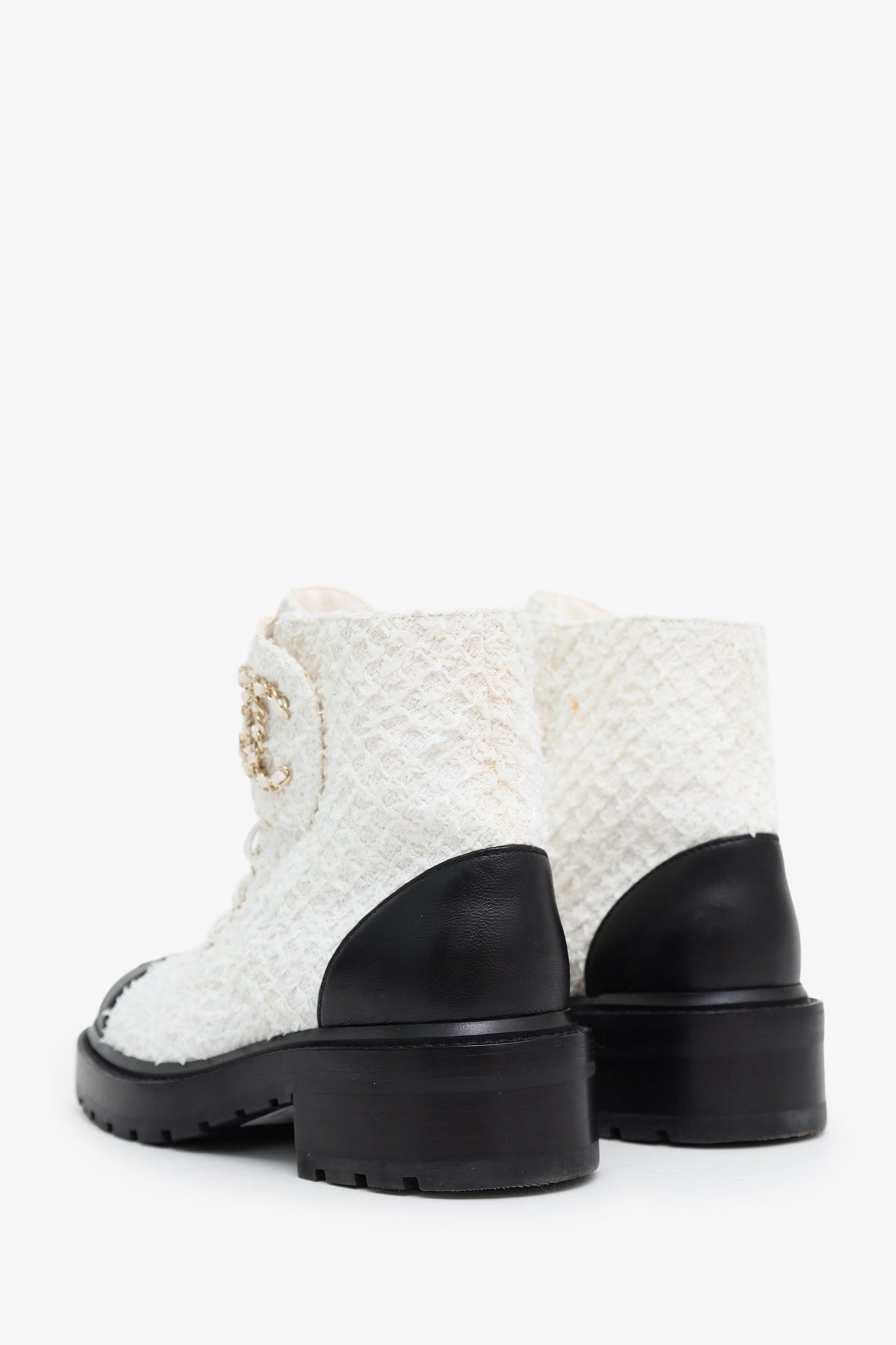 Pre-Loved Chanel™ White Tweed Lambskin Quilted Lace Up Combat Boots Size 37.5