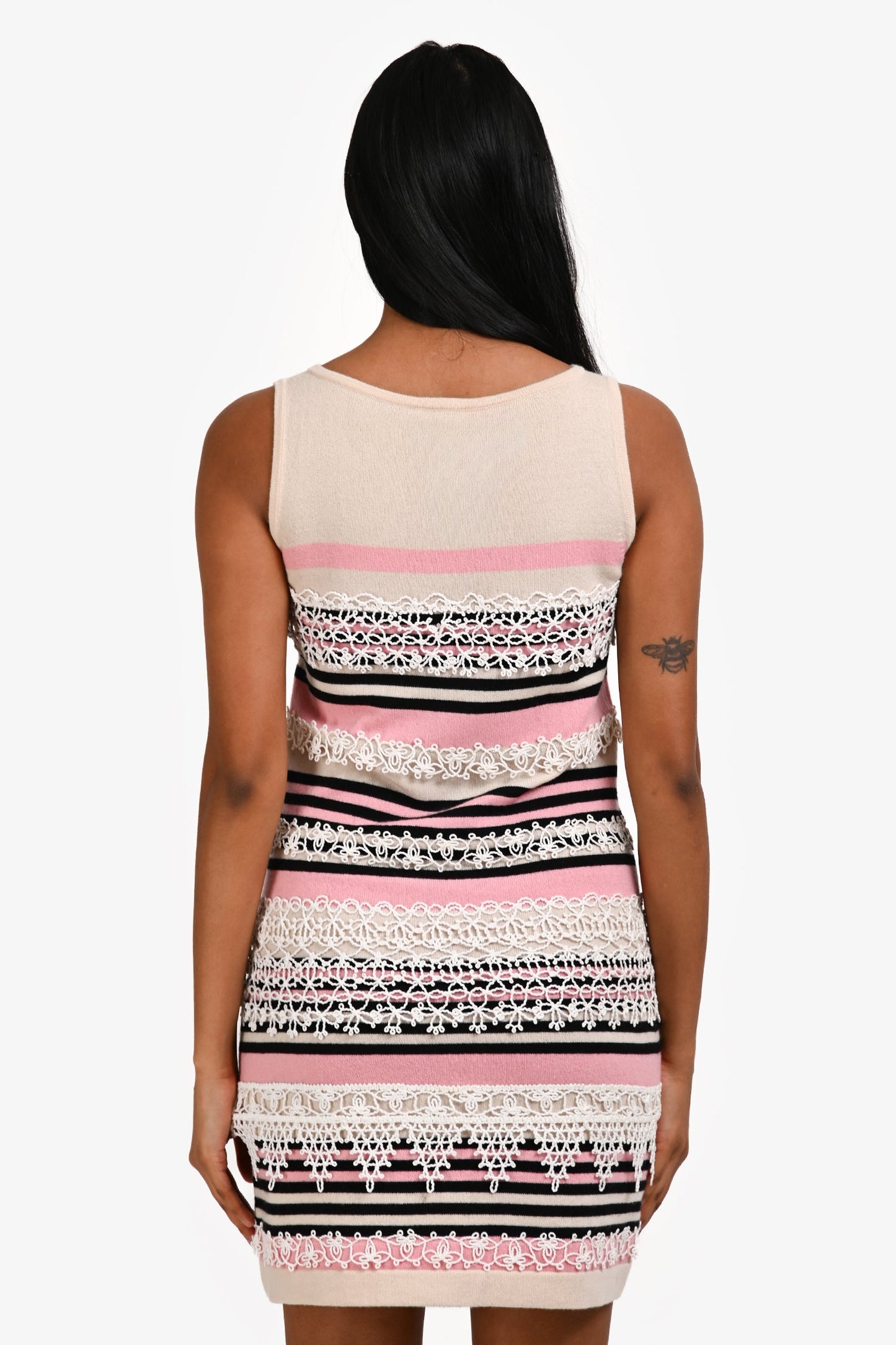 Pre-Loved Chanel™ Cream/Pink Cashmere Striped Lace Sleeveless Dress Size 36