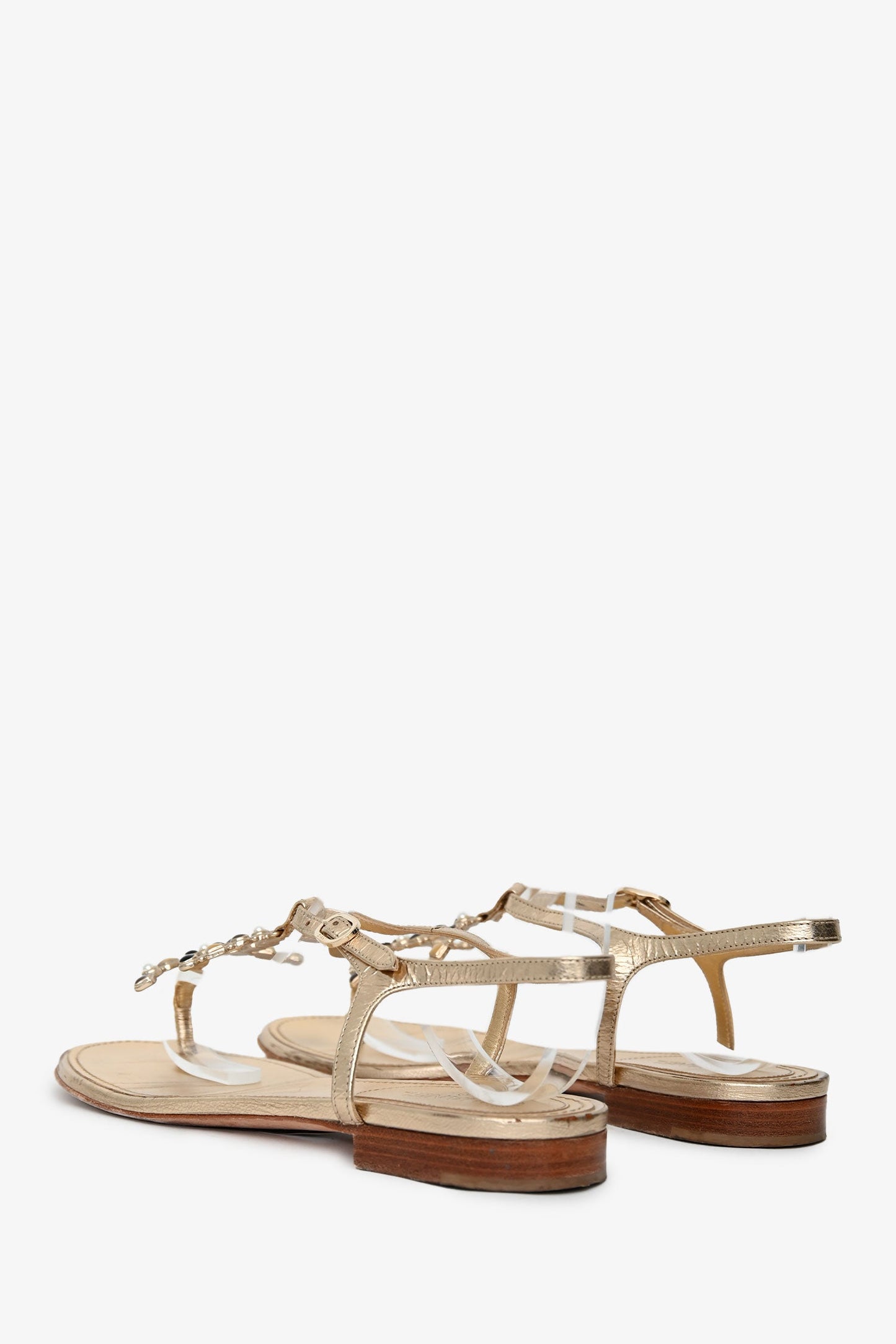 Pre-Loved Chanel™ Gold Leather CC Logo T-Strap Sandals Size 37